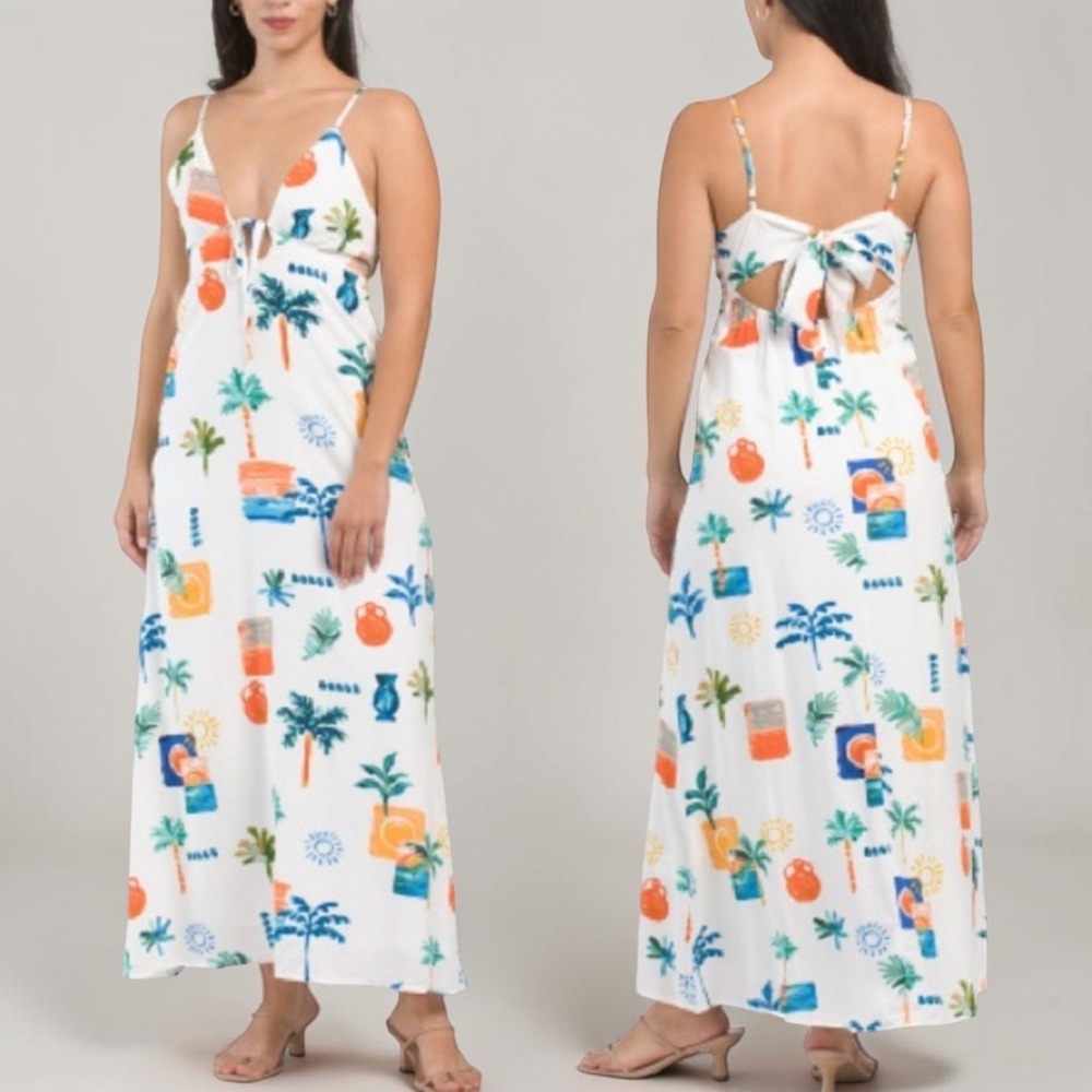 NWT Paper Heart Coastal Palm Print Cutout Maxi Dress Women's M Resortwear Summer